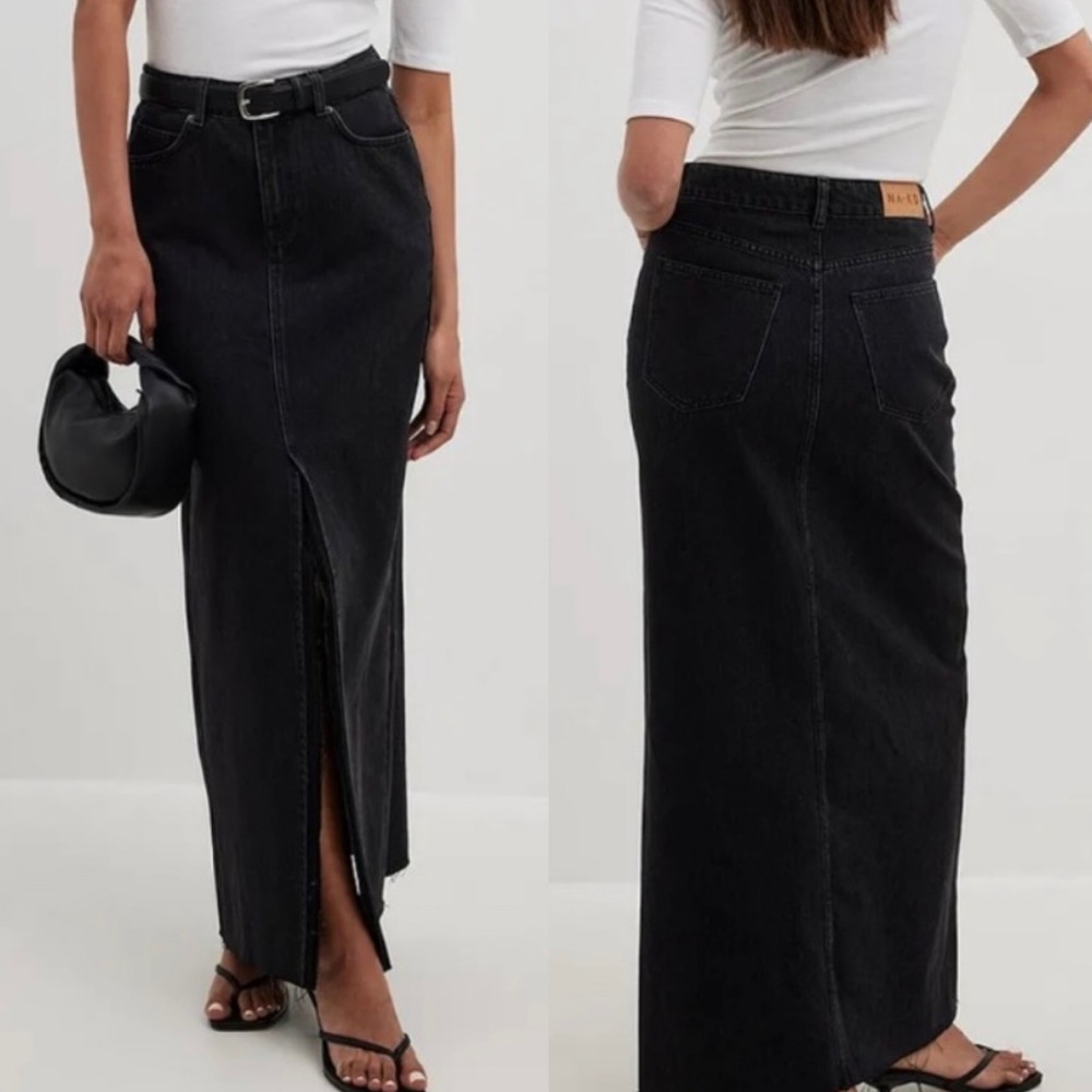 Na-Kd Denim Wide Denim Maxi Skirt Black Front Slit Size 32 (XS) Trendy Minimal - Picture 1 of 12